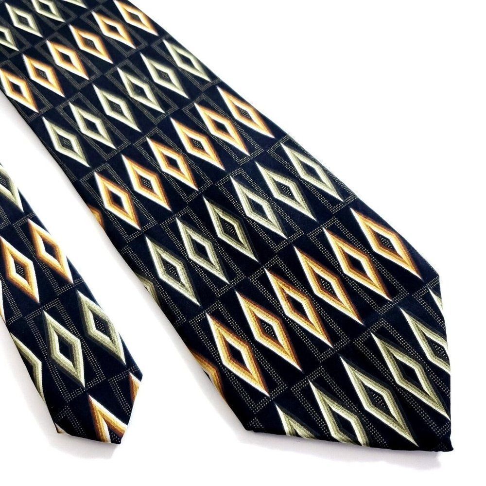 Croft & Barrow Black Tan Green Geometric Print Wide Silk Tie‎